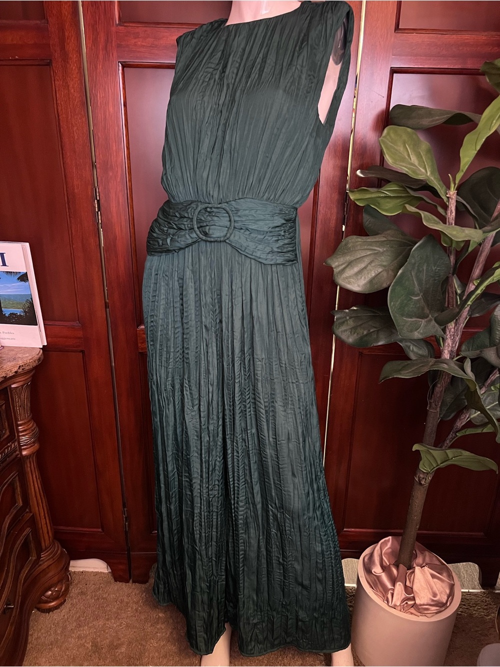Elegant Forest Green Pleated Jumpsuit with Belt